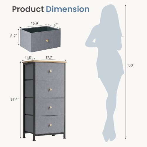 DUMOS Nightstand with 4 Drawers, Bedside Table with Removable Fabric Bins, Sturdy Steel Frame Wood Top Organizer Furniture for Bedroom Closet Living Room, Gray Blue - color: Gray Blue, size: 11.8"D x 17.7"W x 37.4"H (4 Drawers)