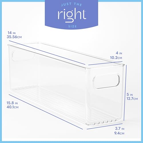 Plastic Food Storage 4 Pack Clear Container Bin with Handles for Organizing Kitchen, Pantry, Refrigerator, Freezer, Pantry, Cabinet, Closet, Bathroom. 14”x4”x5” - size: 14x4x5