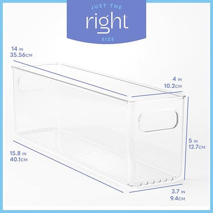 Plastic Food Storage 4 Pack Clear Container Bin with Handles for Organizing Kitchen, Pantry, Refrigerator, Freezer, Pantry, Cabinet, Closet, Bathroom. 14”x4”x5” - size: 14x4x5
