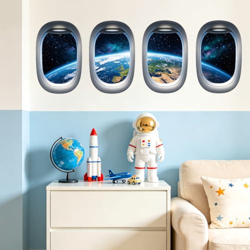 Porthole Earth and Universe Wall Decals, Wall Stickers Decor | 2 Sheets 11.8"x37.8" Vinyl Removable Peel and Stick Murals, Plant Decor for Bedroom, Bathroom, Office, Classroom & Home - style: Porthole Earth and Universe