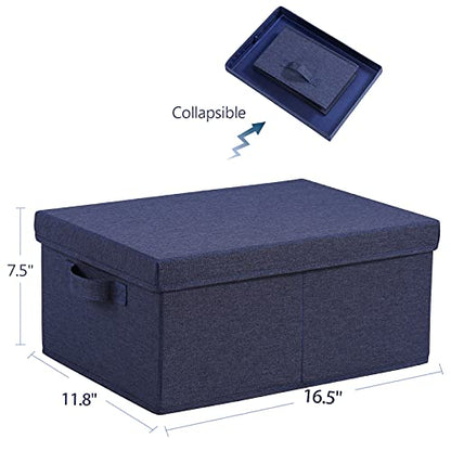 HOONEX Foldable Storage Bins with Lids, Pack of 2, Storage Boxes with 2 Carrying Handles and Heavy Cardboard, 16.5" L x 11.8" W x 7.5" H for Shoes, Clothes, Blue - color: Blue