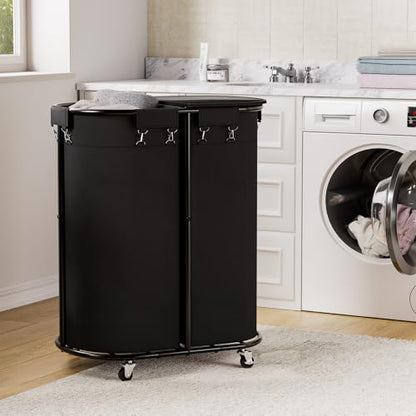 200L Double Laundry Hamper with Lid & Wheels, Oval Rolling Laundry Basket | Gasvadivum Sturdy Metal Large Laundry Cart with 2 Removable Bags, Dirty Clothes Hamper 2 section for Bathroom, Bedroom, Black - color: Black, size: 200L(24.8"L x 16.9"W x 31.5"H)
