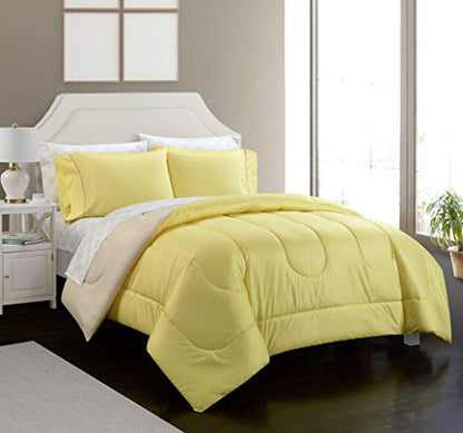 Idea Nuova Casa 7-Piece Solid Reversible Comforter Set with Bonus Sheets, Yellow, Queen, 86"x86" - color: Yellow, size: Queen
