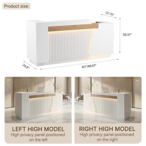 63" Modern Front Desk Reception Counter,Commercial Reception Room Tables with Built-in Outlets,Combination Lock Drawers, LED Lights for Office Beauty Salon Retail Store,White - color: Left-white, size: 63''L x 26''W x 41.34''H
