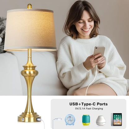 Rinweey 30" Gold Tall Table Lamps for Living Room, Touch Control Modern Bedroom Table Lamp with USB A+C Ports, 3-Way Bedside Lamps Set of 2, Elegant Metal Lamp for Night Stand Desk Side Table Office - color: Gold-30”H
