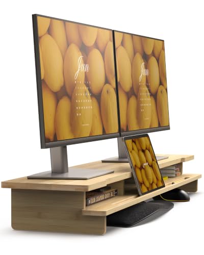 42.5” Dual Monitor Stand with Phone & Tablet Holder Desk Shelf | Bamboo monitor Riser for 55-72 inch Desk Cozy Computer Setup Workplace Organizer Keyboard Storage Ergonomic - color: Bamboo, size: 42.5 inch