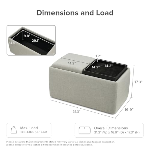 mopio Levi Storage Bench with Reversible Tray, Modern Storage Coffee Table, Bedroom Bench, Rectangular Cube Upholstered Coffee Table Ottoman for Living Room, Bedroom, Entryway (Fabric, Light Gray) - color: Light Gray Fabric, Rect.