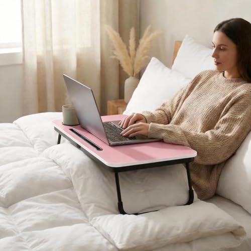 BUYIFY 23.4" Foldable Lap Desk Bed Table with Cup Holder Portable Tray | Folds Flat for Easy Storage, No Assembly Laptop Bed Desk, Sturdy and Lightweight, Patent Design,Pink - color: Pink