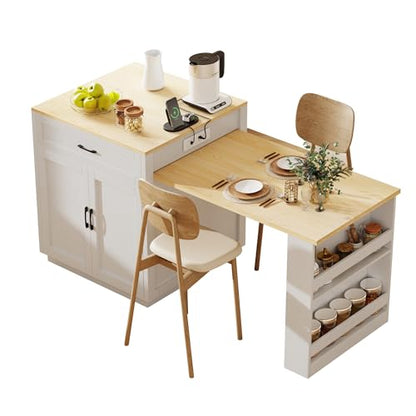 Kitchen Island, Extendable Dining Table with Power Outlet | Extendable dining table seats 2-6 guests, slides from compact prep island to family dining setup - color: White Oak + Natural Wood Grain Table + Mdf