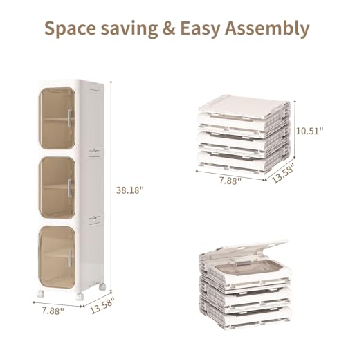 3 Tier Slim Bathroom Storage Cabinet, Foldable and Movable, Beige | Tools Free, ABS and PET, Magnetic Clear Door, Adjustable Shelves, Lockable Wheels, Water Resistant, For Narrow Space - color: Beige, size: 3 Tiers