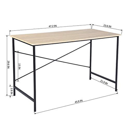 Modern Computer Desk with Light Wood Top, 47.2" x 23.6" Writing Table, Black Metal Frame with Cross Brace, Minimalist Home Office Desk for Study or Workstation or Entryway