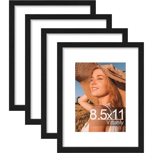 Vittanly 8.5x11 Picture Frames Set of 4, for Wall Mounting, Black | Display Pictures 6x8 with Mat or 8.5x11 without Mat, Gallery Wall Frame Set Engineered Wood with Shatter Resistant Plexiglass - color: Black, size: 8.5x11