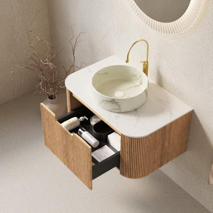 30" Floating Bathroom Vanity with Sink, Wall Mounted Plywood Cabinet, Natural Wood Grain Fluted Front, Sintered Stone Countertop, White Marble-Look Ceramic Vessel Sink, Soft-Close Drawer - color: Natural Oak Cabinet / White Marble Sink, size: 30 Inch