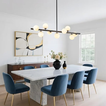 Mid Century Modern Globe Sputnik Chandelier, 9-Light Linear Chandeliers for Dining Room and Kitchen Island, Dining Light Fixture Over Table, Black and Milk White Glass Bubble, 40 Inch - color: Black Milk White, size: 9-Light 40 Inch