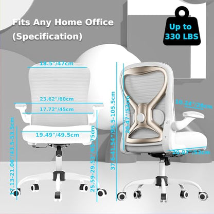 Ergonomic Home Office Chair, 4-Way Lumbar, Thick Cushion, 330LBS | Adjustable Lumbar (up/down/in/out), Rocking Mesh Back, Flip-up Arms, Easy Assembly, Ideal for home offices & small workspaces - color: White+champagne