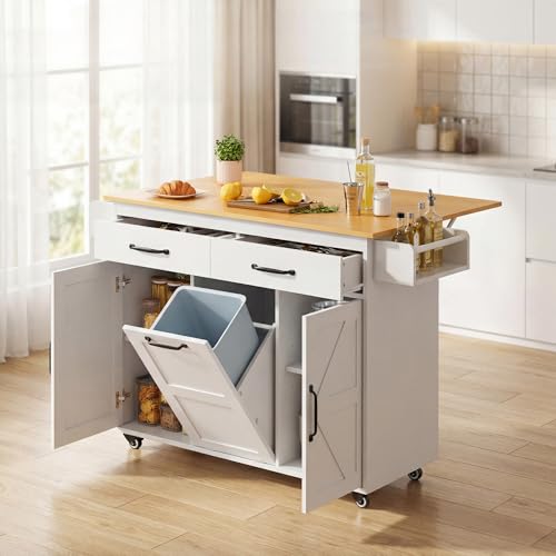 YESHOMY 56" Kitchen Island with Trash Can Storage, Drop Leaf Kitchen Island with Storage, 2 Drawers, 5 Wheels, Spice Rack & Towel Holder, White and Yellow Oak - color: White and Yellow Oak