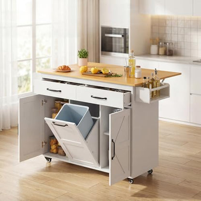 YESHOMY 56" Kitchen Island with Trash Can Storage, Drop Leaf Kitchen Island with Storage, 2 Drawers, 5 Wheels, Spice Rack & Towel Holder, White and Yellow Oak - color: White and Yellow Oak