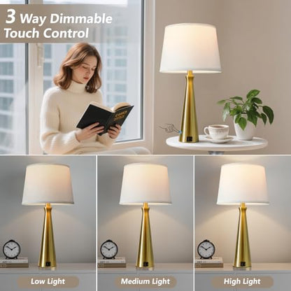 Modern Touch Lamps for Nightstand, 3 Way Dimmable Bedroom Lamp Set of 2 | USB C+A Charging Ports, Gold Bedside Lamps for Bedroom, Living Room, End Table, Bed Side, LED Bulb Included - color: G. Gold Base-White Shade