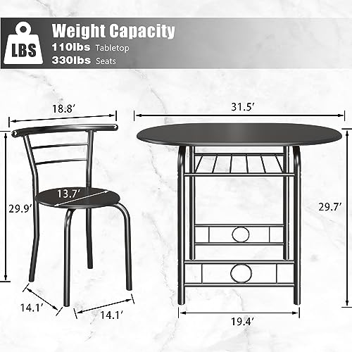 JUMMICO 3-Piece Wooden Round Table & Chair Set | Kitchen Breakfast Nook Wood Grain Tabletop with Metal Frame and Built-in Wine Rack for Kitchen, Dining Room (Black) - color: Black