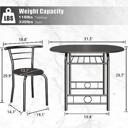 JUMMICO 3-Piece Wooden Round Table & Chair Set | Kitchen Breakfast Nook Wood Grain Tabletop with Metal Frame and Built-in Wine Rack for Kitchen, Dining Room (Black) - color: Black