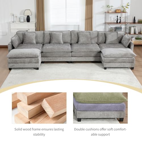 76.7” Oversized Gray Loveseat Sofa, 2 Seater Large Sectional Couches for Living Room, Chenille Fabric Modular Sectional Sofa with 1 Ottoman, Deep Seat Home Sofas Set - color: Grey, size: 2 Seater + 1 Ottoman