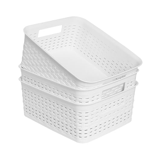 Plastic Storage Baskets for Cabinets, Household Pantry Organization with Handle,Organizer Bins for Room,Bathrooms,Under-Sink,Kitchen (White, S-3PACK) - color: White, size: S-3PACK