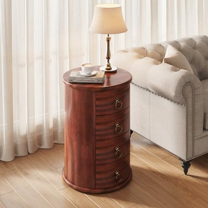 LITTLE TREE Small Side Table, Round Solid Wood End Table with Storage for Living Room, Mid Century Modern Nightstand with 4 Drawers for Bedroom, Small Spaces, Couch, Bedside, No Assembly Required - size: 1