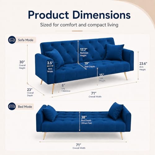 Majnesvon 71" Convertible Folding Sleeper Sofa Couch,Modern Velvet Loveseat Sleeper with 2 Pillows, Futon Sofa Bed with Mattress and Frame for Living Room,Bedroom,Small Space (Blue) - color: Blue