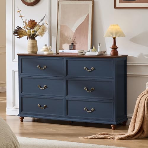 Joaxswe Farmhouse 6 Drawers Dresser for Bedroom, Vintage 54" Wide Chest of Drawers w/ 4 Wooden Legs, Rustic Large Closet Storage Dressers Organizer for Hallway, Wood TV Stand for Living Room, Blue - color: Navy Blue, size: 15.7"D x 54"W x 34.6"H (6 Drawer
