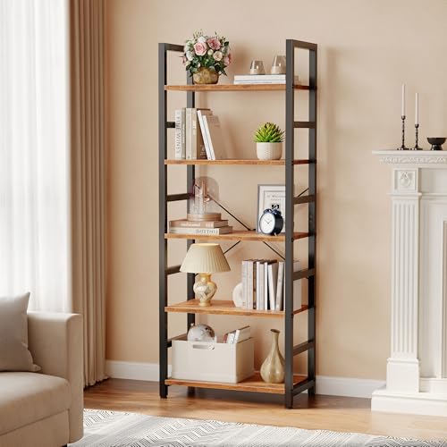 DUMOS 5-Tier Bookshelf, Modern Tall Bookcase Book Shelf | Open Storage Display Shelf for Living Room, Bedroom, Home Office, Narrow Standing Shelving Unit for Books, CDs Rustic Brown - color: Rustic Brown, size: 5 Tier