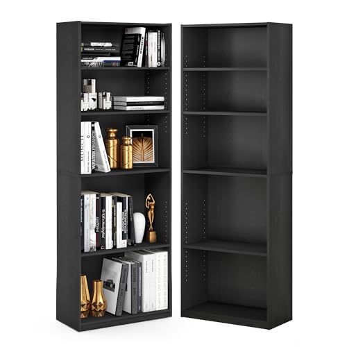 Furinno Jaya Book Shelf Set of 2, 5-Tier Bookshelf, Bookcase, with Adjustable Shelf, 9.5 x 24.5 x 71, for Home Office, Living Room, Black - color: Blackwood, size: Set of 2, 5-Tier