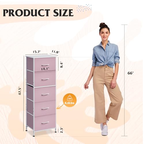 WLIVE Tall Dresser for Bedroom, 5 Drawer Dresser, Pink | 5 vertical fabric drawers, Tall vertical design, Bedroom or closet use, Dresser for small spaces, Chest of drawers - color: Cloudy Pink