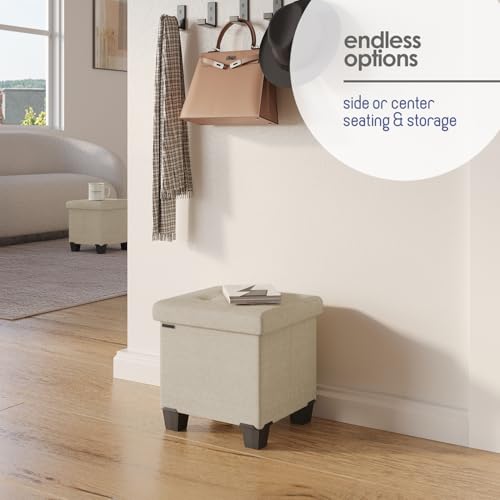 Storage Ottoman Cube with Small Bin, 15-in Square Ottoman with Storage for Living Room and Bedroom, Small Ottomans Foot Rest, Fabric Foot Stools Ottomans Max 330lbs, Beige - color: 08 - Beige