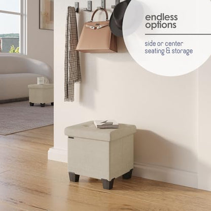 Storage Ottoman Cube with Small Bin, 15-in Square Ottoman with Storage for Living Room and Bedroom, Small Ottomans Foot Rest, Fabric Foot Stools Ottomans Max 330lbs, Beige - color: 08 - Beige