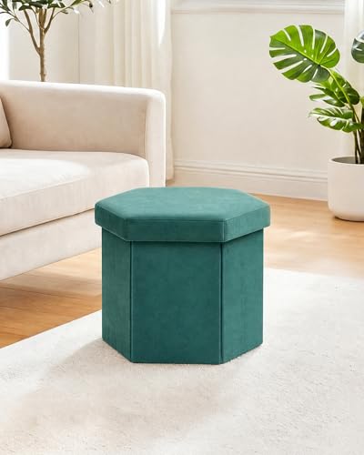 B FSOBEIIALEO Storage Ottoman Cube Hexagonal Pouf Ottomans, Foot Rest Seat for Sofa Footrest Entryway Shoe Footstool for Living Room/Bedroom/Entrway Velvet Blue 16.93"x15"x15" - color: Blue