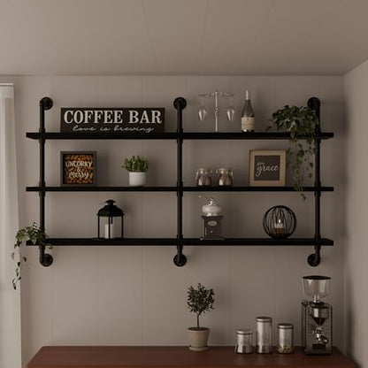 HDDFER Industrial Pipe Shelving Rustic Black Pipe Wall Shelves Industrial Shelves with Wood Planks Floating Shelves 60 Inch Farmhouse Bathroom,Kitchen Shelving Wall Mounted - color: Black, size: 3Tier60in