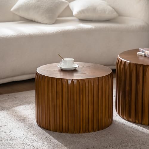 45.07'' Round Coffee Table Set of 2, Modern Mid-Century Circle Fluted Drum Nesting Coffee Table for Living Room, No Assembly, Walnut - color: 45.07in-walnut
