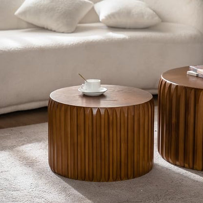 45.07'' Round Coffee Table Set of 2, Modern Mid-Century Circle Fluted Drum Nesting Coffee Table for Living Room, No Assembly, Walnut - color: 45.07in-walnut