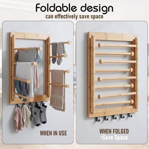 Sintuff Wall Mount Drying Rack 20'' Collapsible Foldable Clothes Dryer Rack | Bamboo, 8 Arms & 5 Hooks, Space Organizing, Laundry Hanger Dryer Rack, 80 lb Capacity