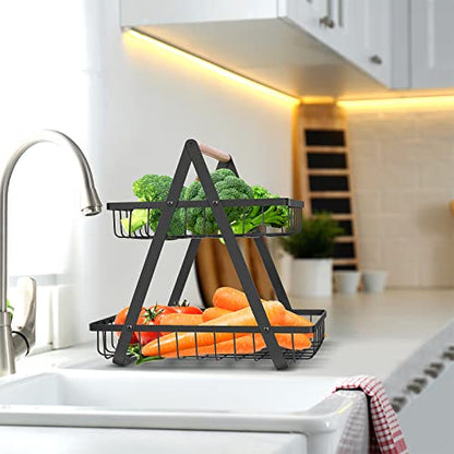 mahueeol 2-Tier Metal Fruit Basket for Kitchen Counter with Wooden Handle | Detachable rectangular baskets hold fruits, vegetables, bread and snacks; use stacked or separately in kitchens and pantries - color: Black