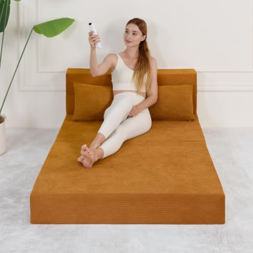 Fvkind Folding Bed Chair w/Pillow Convertible Design Standard Size Yellow | Soft Corduroy Fabric - Guest Bed Function - Living Room & Bedroom - Adults & Family - Washable Cover - color: Yellow, size: Twin