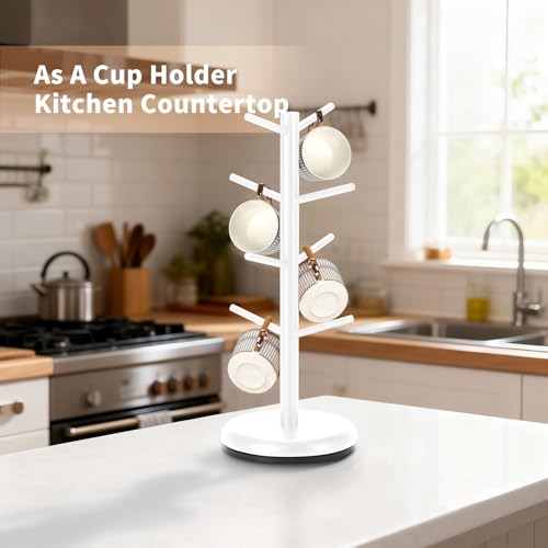 BAMBANG Mug Holder, 360° Rotating Mug Tree Holds 8 Coffee Cups, Space Saving Mug Stand with Stable Base for Kitchen Coffee Bar - color: White