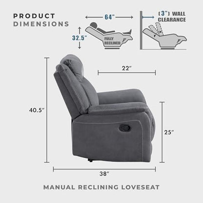 Lexicon 75" W Manual Double Reclining Loveseat with Center Console, Gray | Polished Microfiber Manual Wall Hugger Loveseat Recliner, Cup Holders, for Living Room, Tool Free Assembly - color: Grey, size: Reclining Loveseat