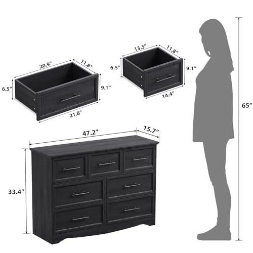 Black Dresser for Bedroom, Modern 7 Chest of Drawers, 47" Wide Chest of Drawers w/Brushed Metal Handle, Wood Closet Organizers and Storage Cabinet for Bedroom, Living Room, Hallway - color: Black, size: 15.7"D x 47.2"W x 33.4"H (7 Drawers)