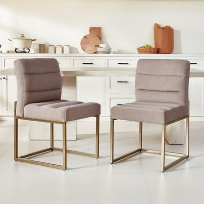 GrandNoor Modern Grey Linen Fabric Dining Chairs Set of 2, Soft Thick Upholstered Kitchen Chairs with Gold Sturdy Metal Legs,Adjustable Foot Pads Dining Room Chairs - color: Grey Linen, size: 2PCS Dining Chairs