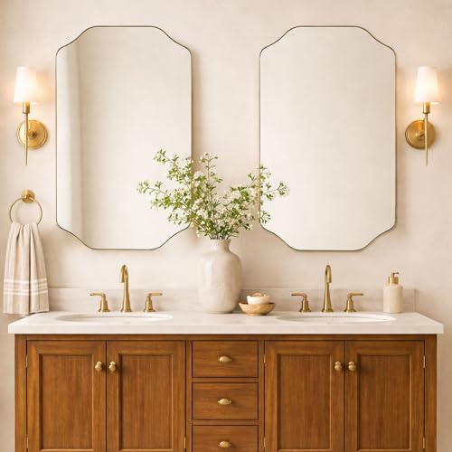 TEHOME Scalloped Gold Bathroom Mirror Decorative Brushed Brass Metal Framed Irregular Bathroom Vanity Mirror 24x40'' - color: Brushed Gold, size: 40"L x 24"W