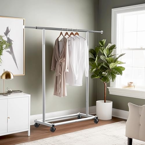 Simple Houseware Standard Rod Garment Clothing Rack, Silver | Single Rail, Extendable Width from 30 to 47 Inches, Rolling Clothing Organizer for Bedroom, Laundry, Living Room - color: Silver