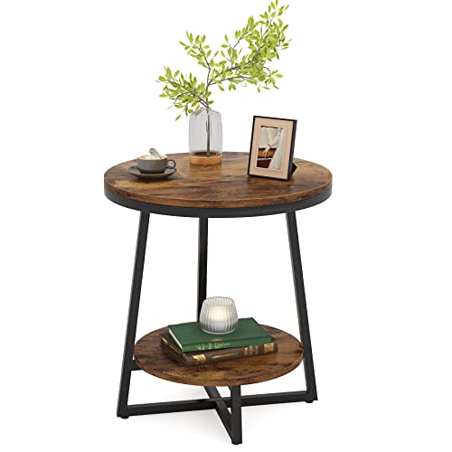 Tribesigns End Table, 2 Tier Round Side Table with Storage Shelf, Industrial Nightstand Bedside Table Coffee Accent Table for Living Room Bedroom Small Space, Rustic Brown