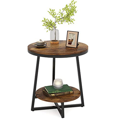 Tribesigns End Table, 2 Tier Round Side Table with Storage Shelf, Industrial Nightstand Bedside Table Coffee Accent Table for Living Room Bedroom Small Space, Rustic Brown