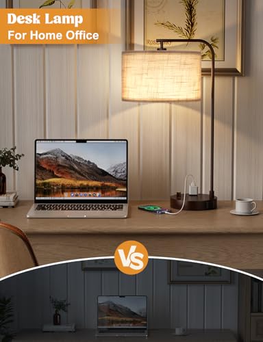 Innqoo Grey Tall Lamp for Bedroom with USB Port and Outlet, Dimmable Nightstand Bedside Lamps with Linen Lampshade, Desk Lamp for Home Office, Living Room, Guest Room, LED Bulb Included - color: H-Gray Shade & Brown Base
